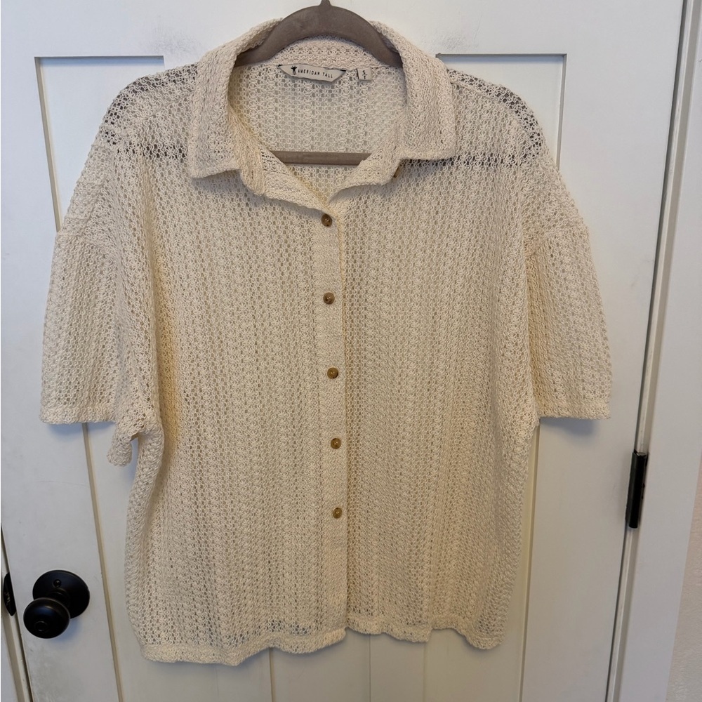 American Tall Openwork Loose Knit short Sleeve  Top natural Cream S Button down - Picture 6 of 8